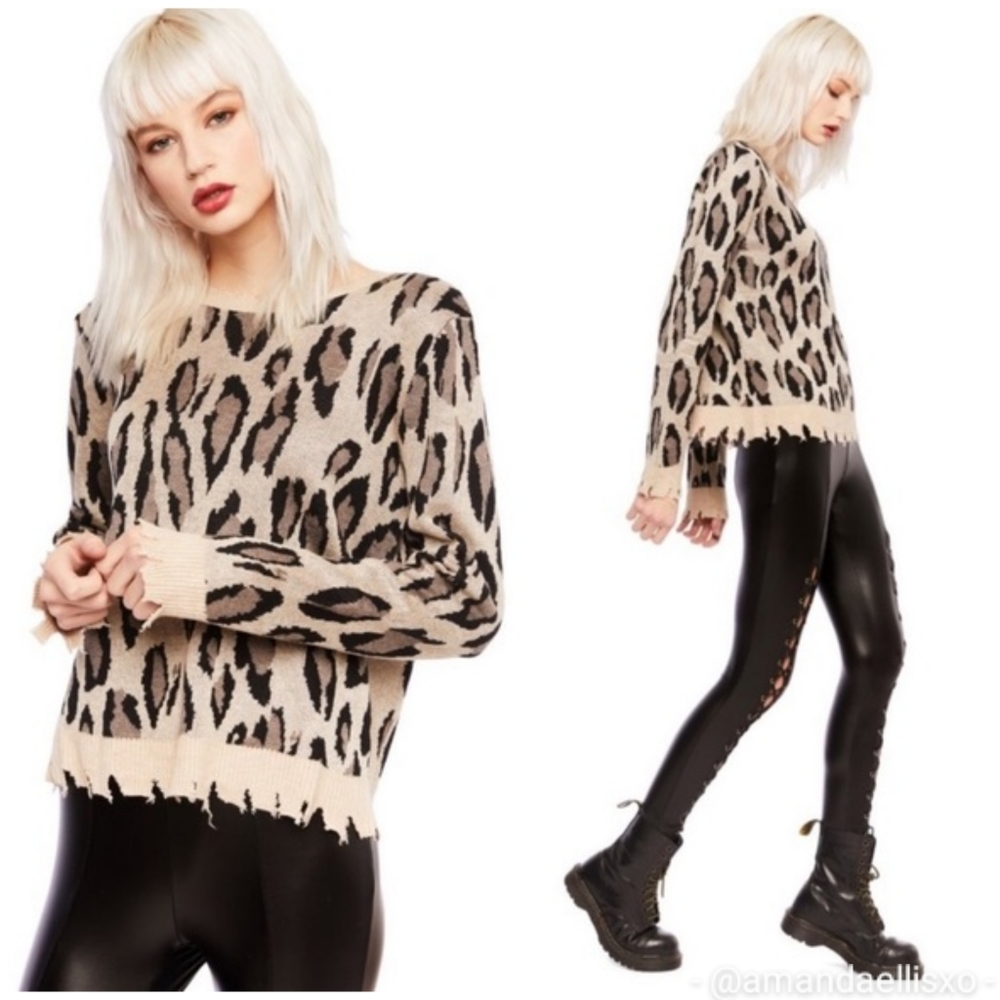Fate Jagged Rip Edge Leopard Print Knit Sweater